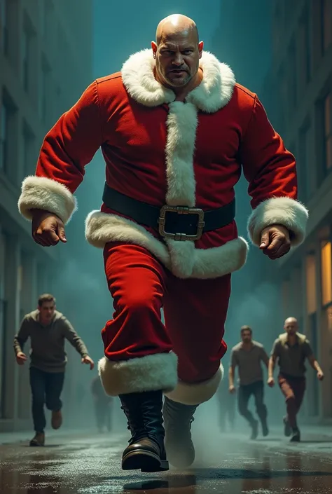 Big Black bald Man on Santa costume without hat chasing group of small people at night