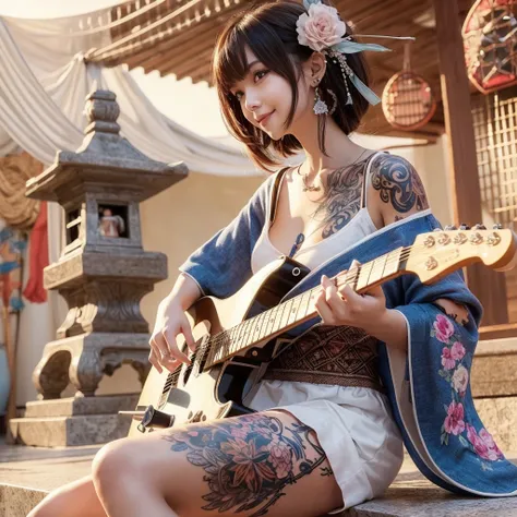 1 girl, single, dress, full body, long hair, collarbone, smile, brown hair, bangs, short sleeves, bathroom, big breast  tattoo, playing guitar