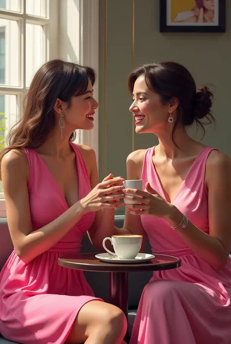 Two gossip friends in pink dress