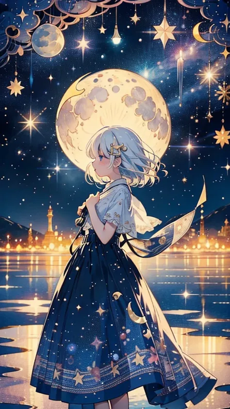    The moon can be seen in the sky 、  Change Hair Color to Pink Gold、 crescent floating in the sky、、   crescent  、   best quality、masterpiece、    Official Art、    super detailed、32K、Full HD、CG、    high definition )))、    best combination    、Golden Ratio、 ...