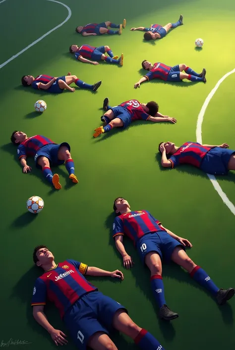 Barcelona players lying on their knees on the ground defeated by Animado