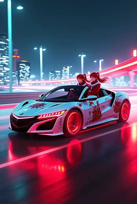    8KRAW写真.  流れるような背景に白いNSXスポーツカーを描いています  、  スポーツカーは低重心の洗練されたフォルムを持っています  、すべて白く塗られた、  赤いネオンライトと明るい蛍光塗料で  、   赤髪のツインテールのスタイルの女の子の絵がカーボディに描かれています。  サンタクロースの衣装を着た女の子、頭にサンタ帽をかぶった、 赤い赤髪の双子の女の子が同じ衣装を着て運転しています 、 NSXは赤いネオンと明るい蛍光塗料   、  暗い夜に立ち上がる明るい蛍光塗料  、 夜景の首都高速...