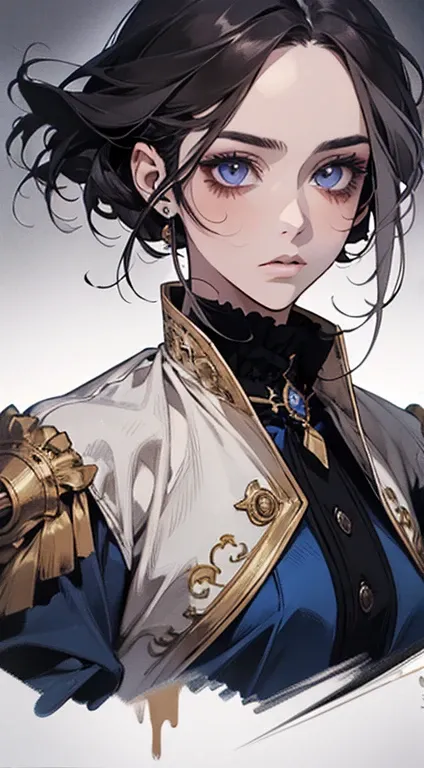 A painting of a woman with black hair and an purple blouse,  stunning anime face portrait, beautiful character painting, beautiful anime portrait, her image is rendered with blue ink, presenting a stunning effect. The painting is very detailed, portraying ...