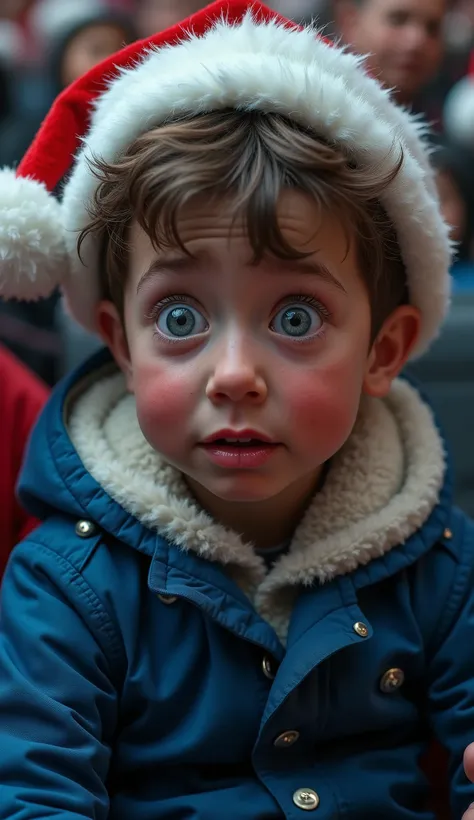  An  boy is sitting in the stands of a Christmas event . He has short brown hair ,  fair skin ,  and wears a blue jacket with white details . He wears a Santa Claus hat ,  but his expression is one of intense fear :  wide eyes and trembling lips as he hold...