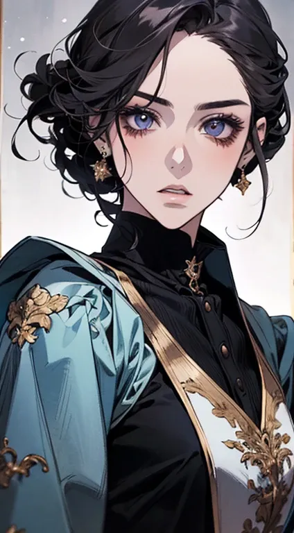 A painting of a woman with black hair and an purple blouse,  stunning anime face portrait, beautiful character painting, beautiful anime portrait, her image is rendered with blue ink, presenting a stunning effect. The painting is very detailed, portraying ...