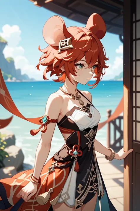 Nirou ( Genshin Impact), Across the Sea,  One girl ,  Blurred Background,   closed mouse, Bare arms, accessories, Bare sleeves, Bare shoulders, Red Hair,  Bracelet ,  necklace,  cowboy shot,  sideways