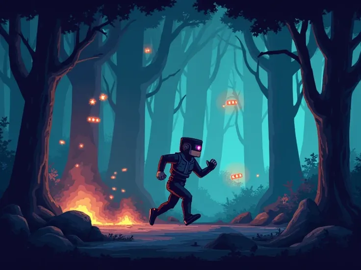 (masterpiece, best quality:1.2), pixel art style, retro video game, GBA, 2d sideways view of an 8-bit retro-futuristic man running to the right with video game obstacles through a dark forest,