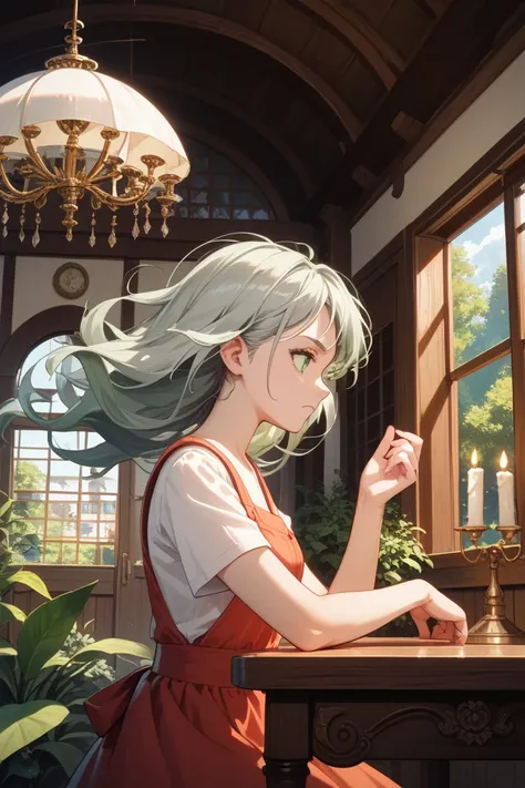 masterpiece,  top quality , ultra detail on a Japanese futon, hyperdetail, Cinematic Light,,  One girl , Solo, ,  outdoor, Summer House, ting in the Summer House,  plant, table,  chandelier,  candle, wind,  green eyes, Pan green silver hair,  Shorthair, an...