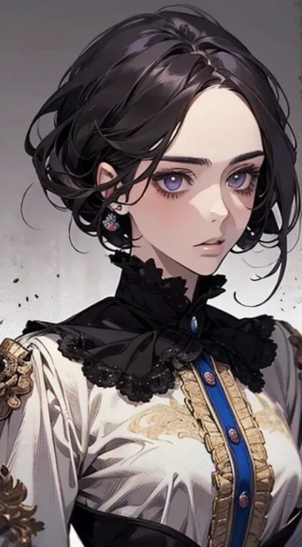 A painting of a woman with black hair and an purple blouse,  stunning anime face portrait, beautiful character painting, beautiful anime portrait, her image is rendered with blue ink, presenting a stunning effect. The painting is very detailed, portraying ...