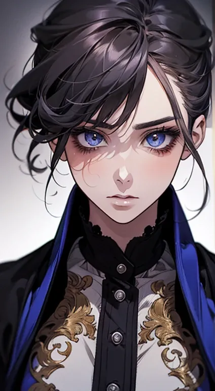 A painting of a woman with black hair and an purple blouse,  stunning anime face portrait, beautiful character painting, beautiful anime portrait, her image is rendered with blue ink, presenting a stunning effect. The painting is very detailed, portraying ...