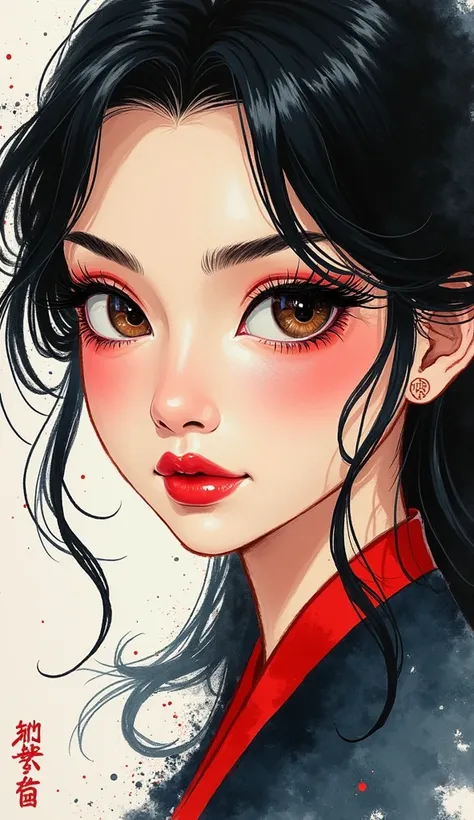 Ink Painting, portrait color photos, 1 girl, flashy makeup, face close-up, Mulan, Black Hair, Delicate and precise, Chinese Painting style, Modern Ukiyo-e Style, looks cool and determined,