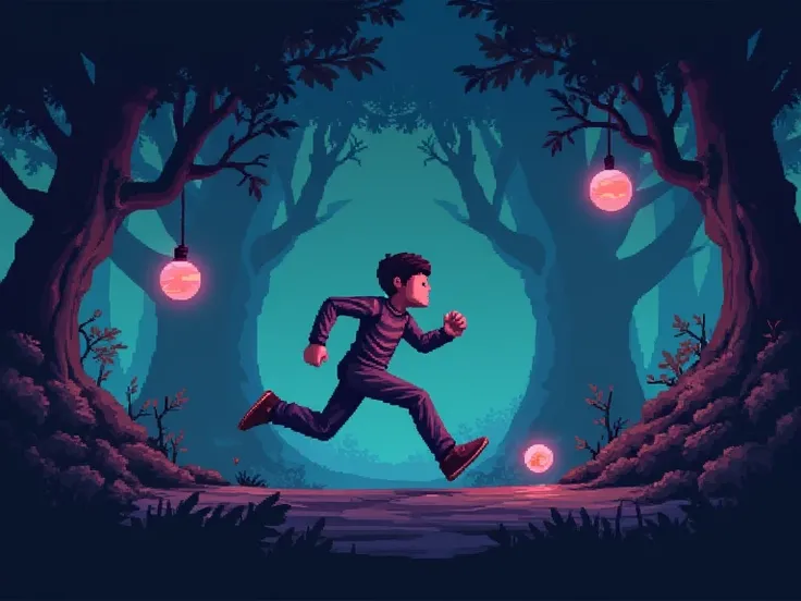 (masterpiece, best quality:1.2), pixel art style, retro video game, GBA, 2d sideways view of an 8-bit retro-futuristic man running to the right with video game obstacles through a dark forest,