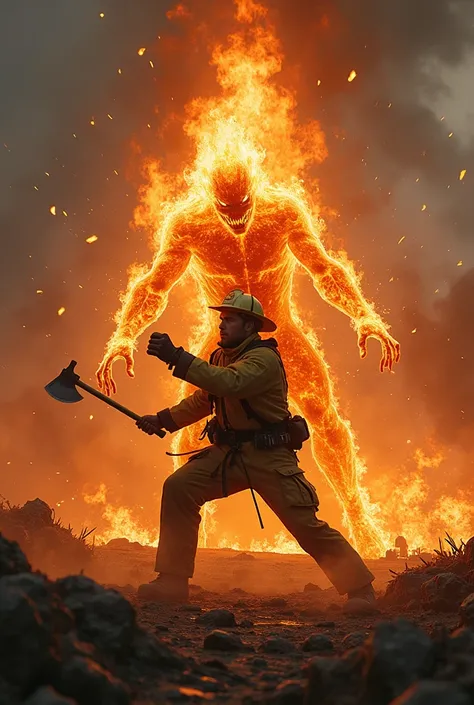 A man of fire fighting violently with a firefighter