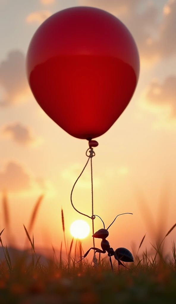  The ant trying hard to hold the rope of the red balloon .  The contrast between the small ant and the huge balloon creates an impressive effect.  The balloon rope is wrapped around your leg ,  and the grass bends gently in the wind . The sun is setting, p...