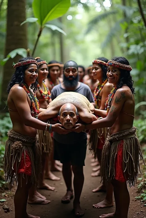 A poignant scene in the South American rainforest where members of the Yanoama tribe are carrying the body of a deceased individual for a traditional funeral ceremony. The group is adorned in vibrant tribal attire with beads, feathers, and body paint, symb...