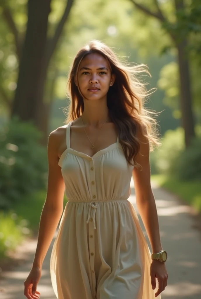 A realistic cinematic video of a woman walking gracefully through a serene environment. The shot transitions into a medium shot angle with a gentle camera dolly movement, focusing on her upper body and expressions. The background blurs slightly with a smoo...