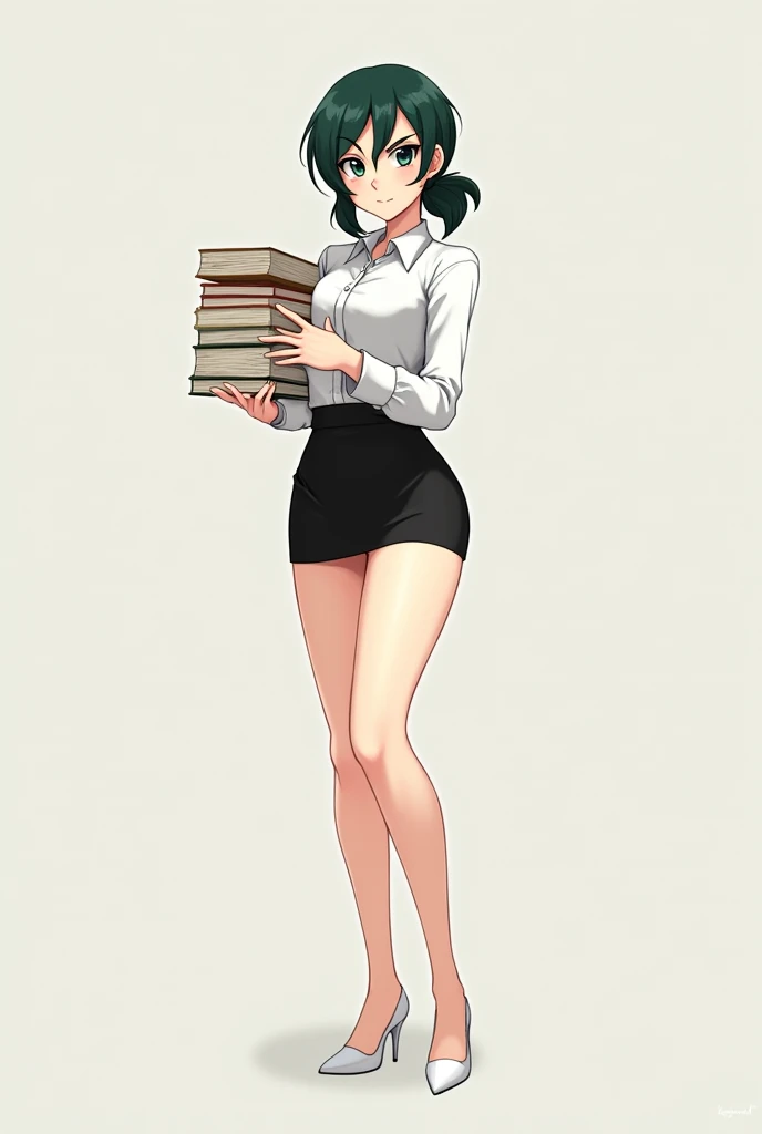 Modern anime, sakurai sensei, dark green wavy hair, low tied tail hair, side bang pony, smiling naughty face, holding books, white blouse, short tight black mini skirt, tall body white high heels, front look