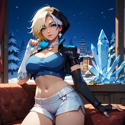 luna snow,adult,milf,mommy,huge breasts,short hair, split-color hair, heterochromia,jewelry, white choker, cropped jacket, black jacket, blue crop top, mismatched fingerless elbow gloves, single crystal glove, blue nails, midriff, white shorts