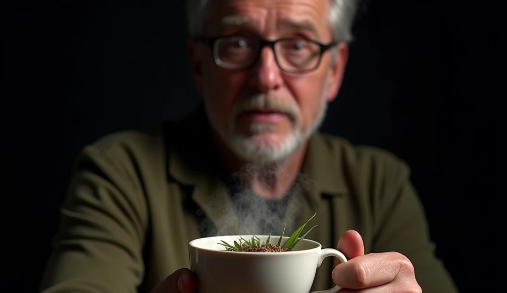 Create a thumbnail for a YouTube video about prostate health. The black background. In the center, display a cup of steaming tea with a focus on natural herbs or leaves. Add an expression of surprise or curiosity to the face of a 55-year-old man in the bac...