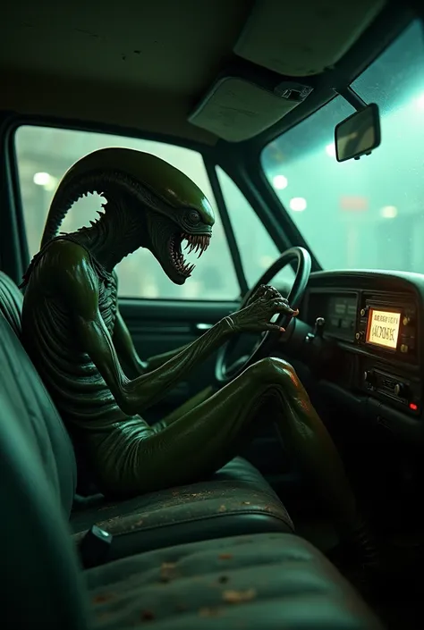 Scary alien in a car next to the radio