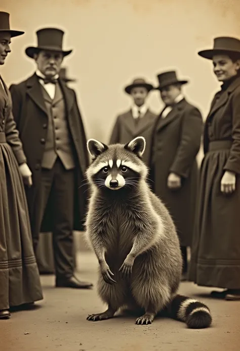 Raccoon in vintage sepia photography from 1800. Other people of the period