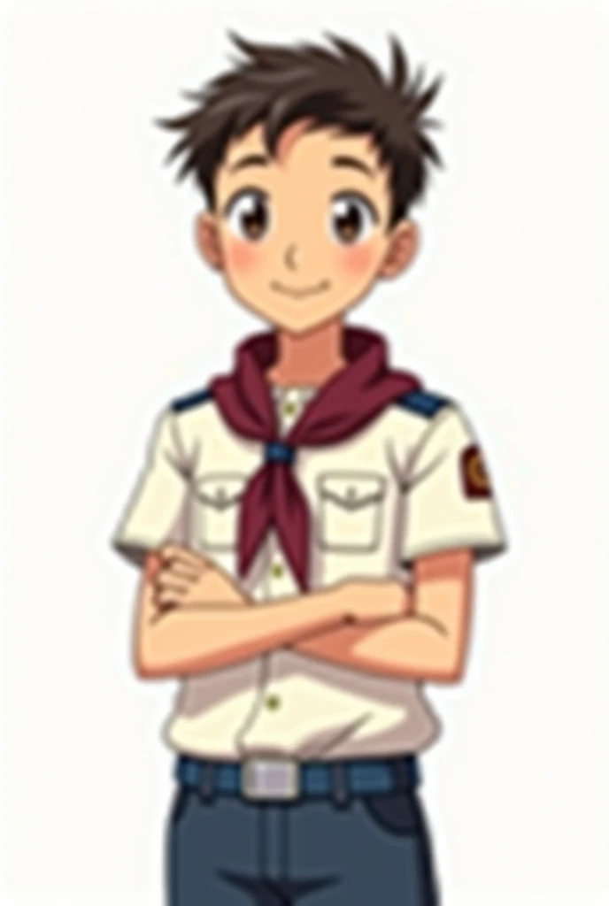 a young anime style with a cheerful and confident facial expression .
  The young man has short hair , negro. His skin tone is light  . She has big, brown eyes ,  a small, rounded nose ,  and a small mouth that forms a light smile .  Her eyebrows are thin ...