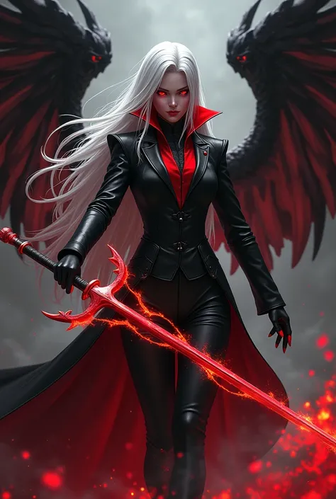 Red eyes long white hair black wings black suit with red details protective fork fire sword mens 