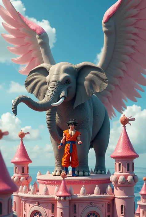 Goku moaning against a winged and muscular elephant atop a candy castle