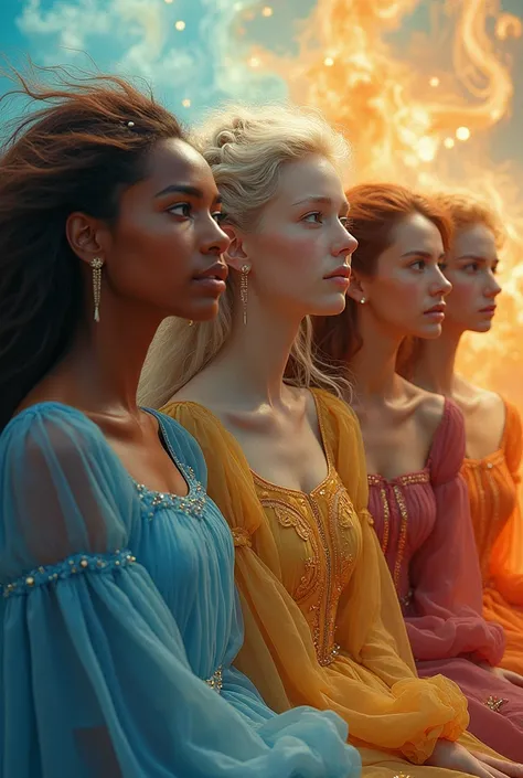 Highly cinematic artwork on the theme of four sisters: (two mulatto women with brown hair and two with light blonde hair). Four elements. Bright colors. Corresponding to different characters and temperaments.