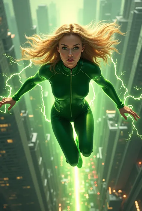 Blonde superhero , beautiful, flying over a city, She wears a green uniform and a .  He has electricity powers. 