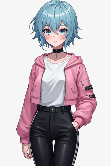  16-year-old girl , short sky blue hair with large patches sticking out to the sides,  white skin ,  sky blue eyes ,  very small tits,  Very large legs , Save white shirt tucked into the pants ,  black leather pants with a white line on the vertical sides ...