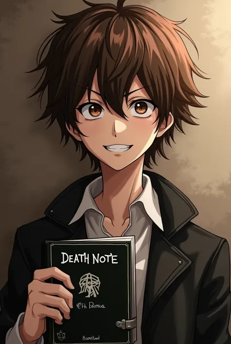 brown hair, brown eyes, attractive, My Hero Academia, teenager, 90s anime, smiling malicious with evilness, male, looks evil, emo hair all the way to the shoulder but not like a girl, holding Death Note with a cover that says Death Note, stoic