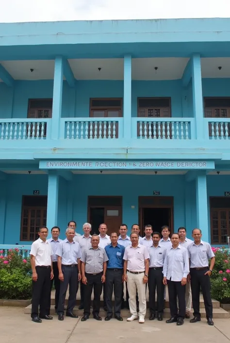 There will be 40 men and 2 women in front of the two-storey building. One of the women will have short hair and the other will have her hair covered. On the building will be written Environmental Protection and Zero Waste Department Anti-Vector Branch Dire...