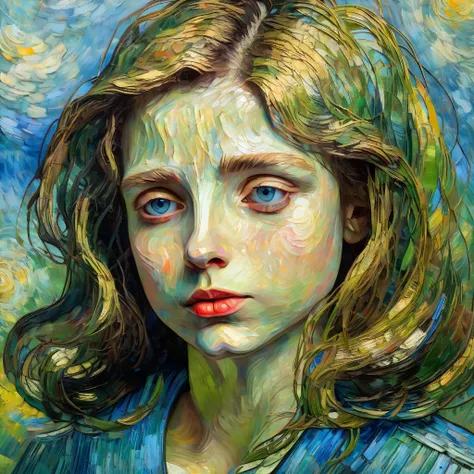 (Realistic, Expressionism, Van Goghs touch: 1.5, Monets touch: 1.5), oil painting, impasto, 1 girls head with middle-length hair, melancholic, lyrical atmosphere, long eyelashes, (light from oblique above, light and shadow: 1.5), dull light blue simple bac...