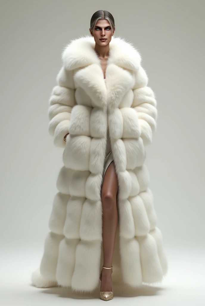 Draw it in png format in full length in a white fur coat 