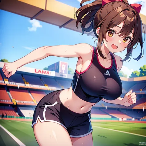 (( top quality )), ((masterpiece)), (  Details), ( super high res)、 cute girl、 very young、solo、
(Brown Hair、 ponytail、 hair bow)、 Big Breasts 、
 perfect face、Perfect Hair、超 Detailsな瞳、超 Detailsな肌、
( sports bra、 shorts、sweat)、
 running 、 camera from the side...