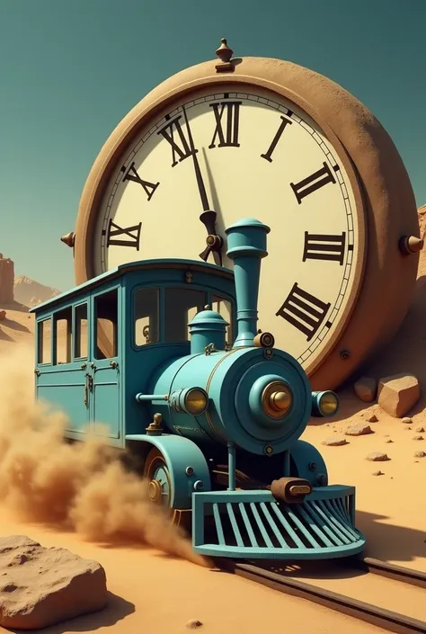 The image depicts a surreal scene featuring a blue vintage train, reminiscent of a tram or small railway car, journeying through a desert landscape. Surrounding the train is a large, old-fashioned clock face adorned with Roman numerals, with prominent cloc...