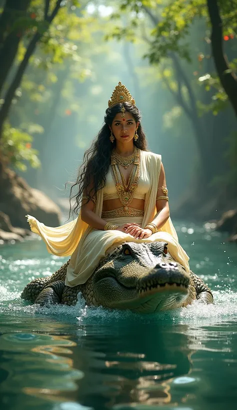 Goddess ganga travelling on crocadile in a river 