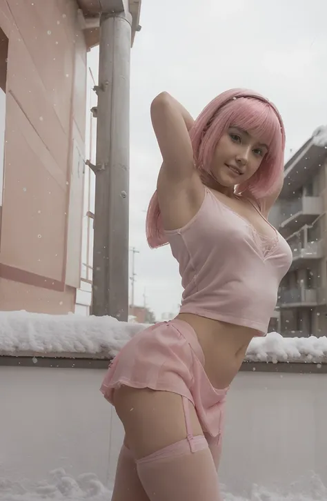 (((girl ))) ,sexy girl dress and lace stockings,Stephanie | Lazy Town,happy face,getting up dressed with hands, (shirt lifted by someone else: 1.5),1 girl, solo, eyelashes, makeup, lipstick, lips, big breasts, red lingerie, red underwear, bra, thong, thigh...