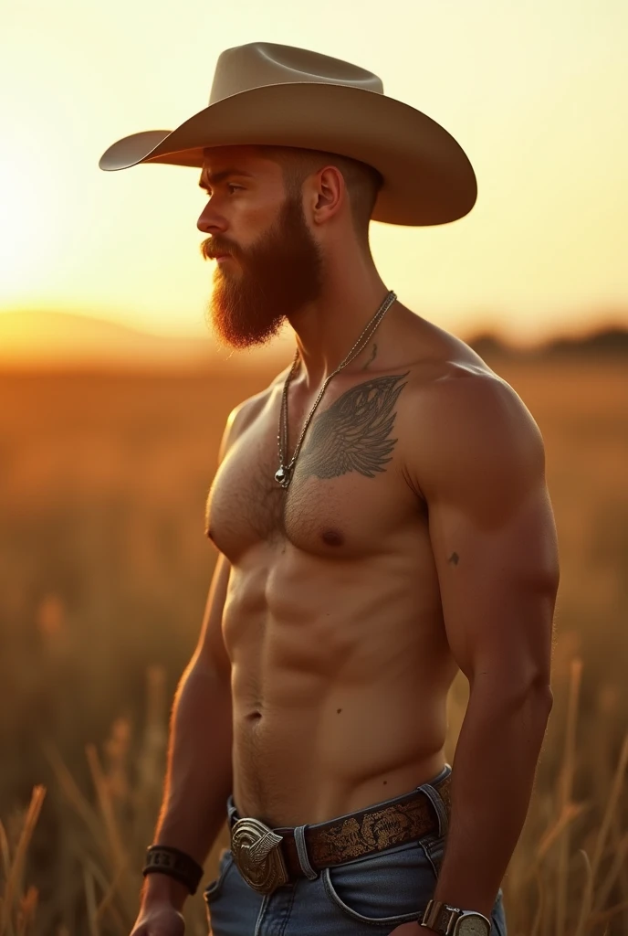  Of Joven Ezra Millher .  26 years old ,  wet curly top haircut jumpy blond , Ojos Celeste , full beard, muscular, marked jaw,  tattoo of wings on collar , Freckles,  shirtless on a field at sunset ,  profile wearing a beige cowboy hat ,  tight jeans and a...