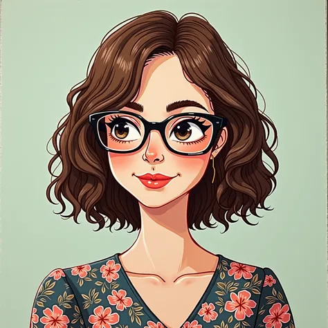 woman wearing glasses and a floral dress, a painting inspired by Ion Andreescu, reddit, process art, slightly geeky smile, cute slightly geeky smile, headshot profile picture, 30 year old french woman, with cartoon lines