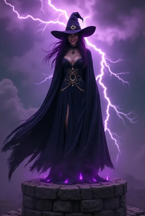 Agatha Harkness in her dark witch attire, standing atop a crumbling ancient altar, surrounded by glowing purple runes and black mist. Her mischievous smile contrasts with her menacing aura, and lightning crackles in the stormy skies above