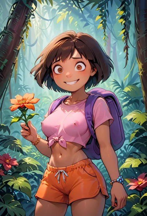  solo, cute, medium breasts, Dora, crazy eyes, worried, smile, holding a flower, red flower, brown eyes, in a jungle outdoors, dark-skinned female, bob cut, (pink shirt), crop top, bare midriff, loose shirt, (orange shorts), bracelet, backpack, (slender at...