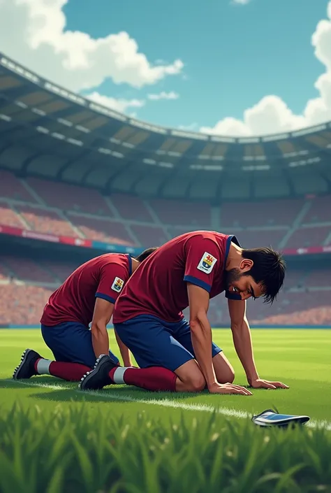 Animated Barcelona players lying on their knees on the sad field