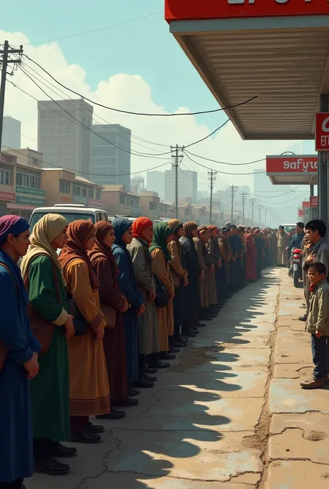 Uzbeks waiting in line in front of the petrol station