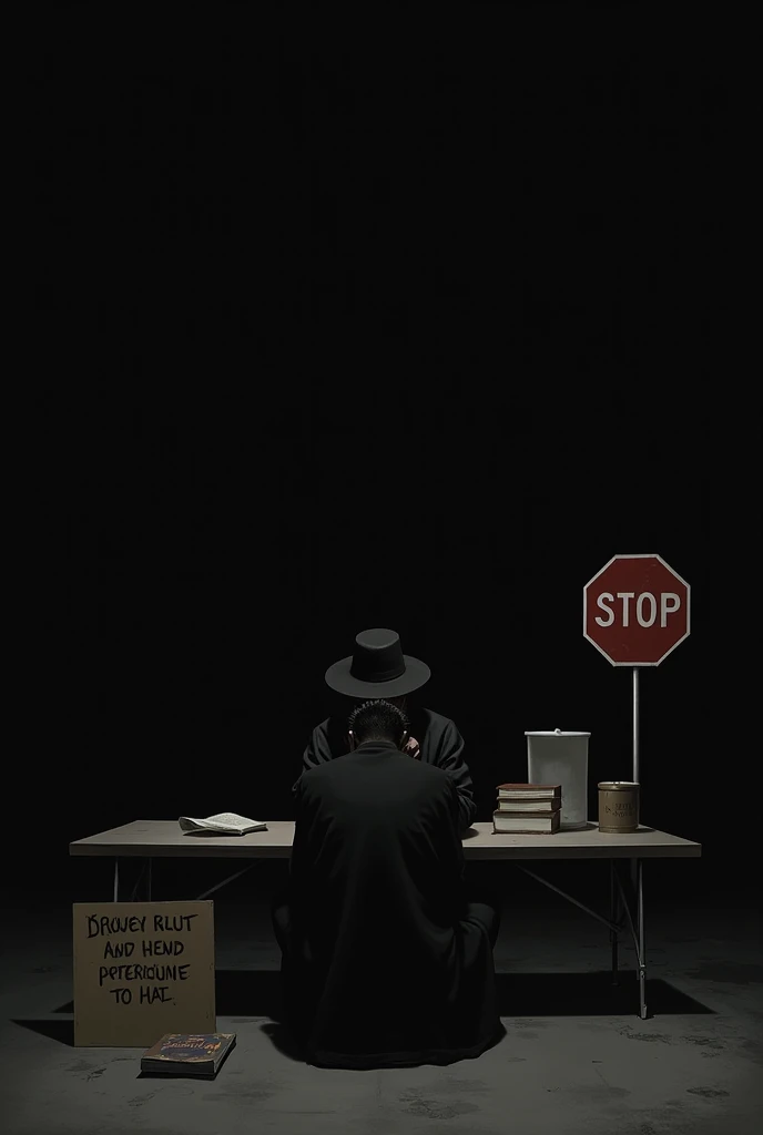  A sad man in black clothes , sitting,  sign with books on the table ,  with a black hat and head down, And a stop sign behind .  black background