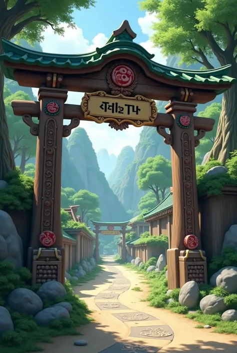  make an image of the gate to the village of the daughters daughter from the anime NARUTO,  but the sign says  "Vila Dos Bill "