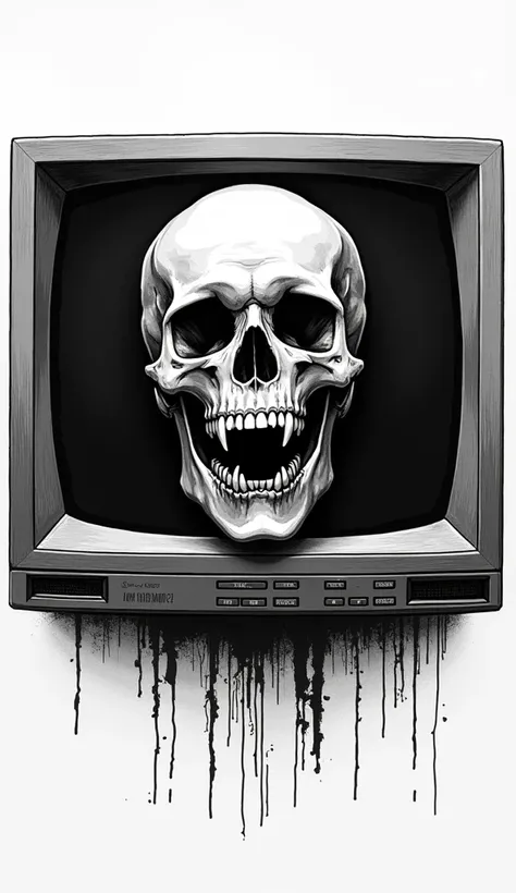  A skull looking forward, with open mouth, vampire teeth, inside a TV with no signal, em forma de desenho preto e branco