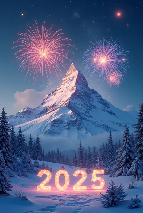 A serene snowy mountain landscape illuminated by vibrant fireworks in the night sky, with Happy New Year 2025 subtly glowing in white and gold along the bottom of the image.