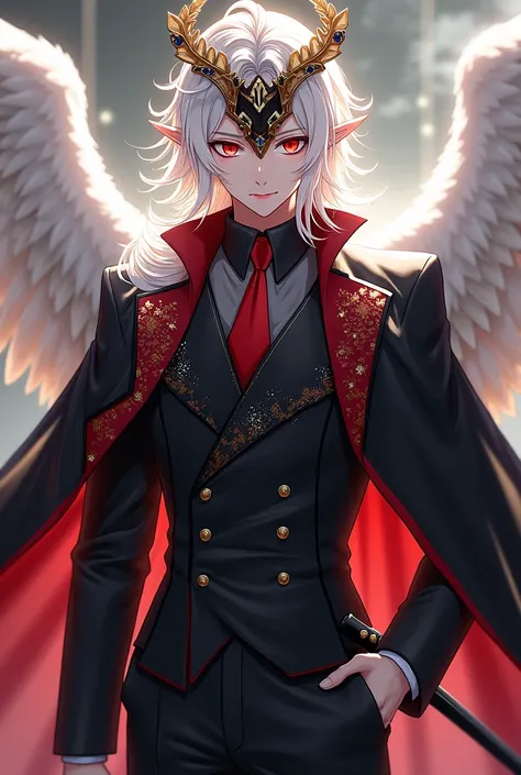 Red eyes white hair white wings black suit with elegant red details and white sparkles and The Japanese Corona or tiara elegant hairpin in the ear accessory black sword divine mask for men